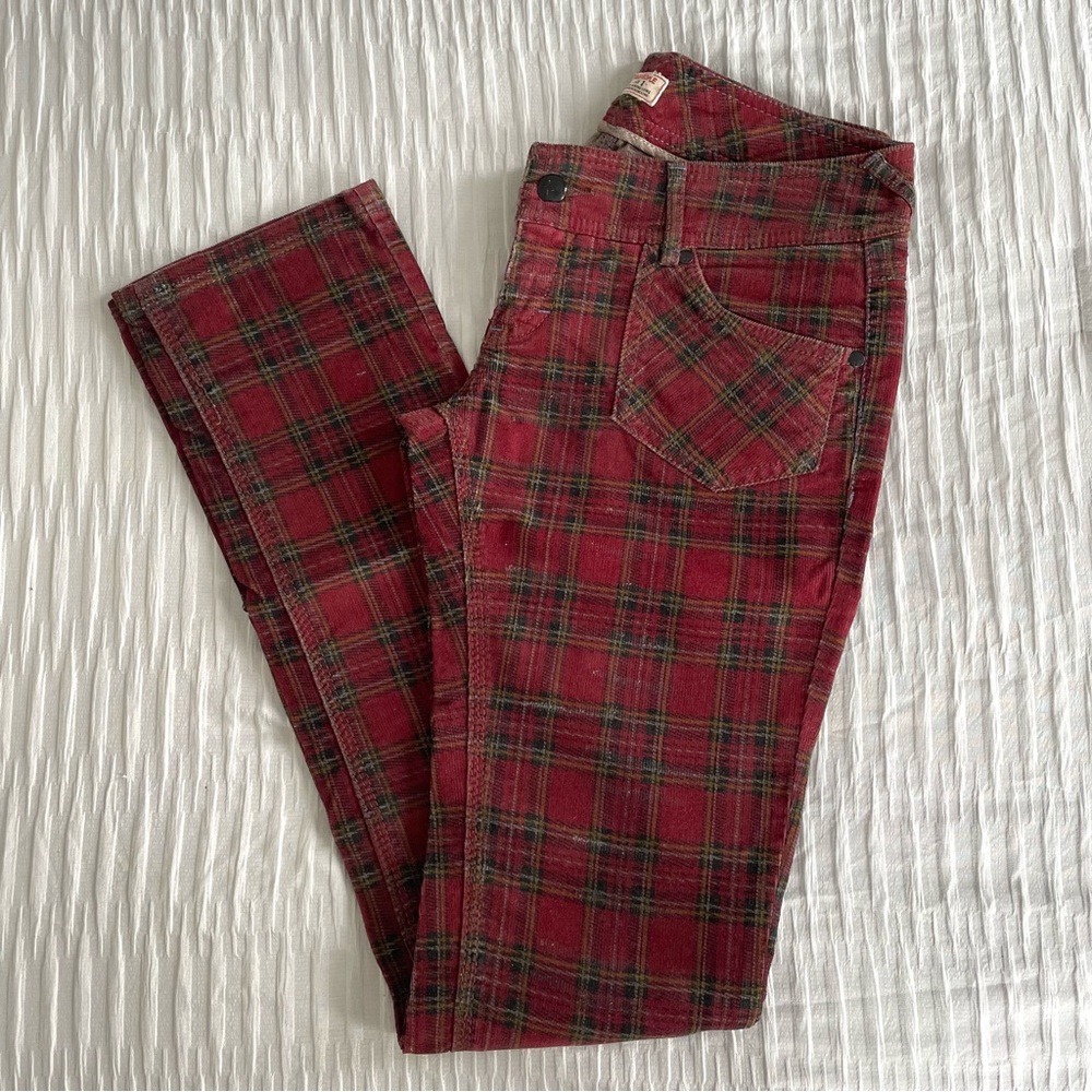 Free People Plaid Burgundy Black Corduroy Low Waist Pants